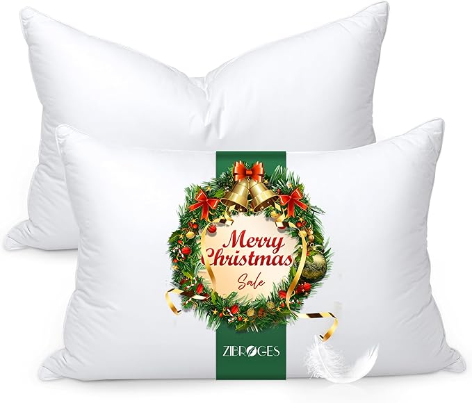 zibroges Feather Pillows Queen Size Set of 2 - Goose Down Hotel Bed Pillow for Sleeping, Soft 600 Thread Count Cotton Cover, Fluffy Support Surround Fill Polyester for Side, Back, Stomach Sleepers