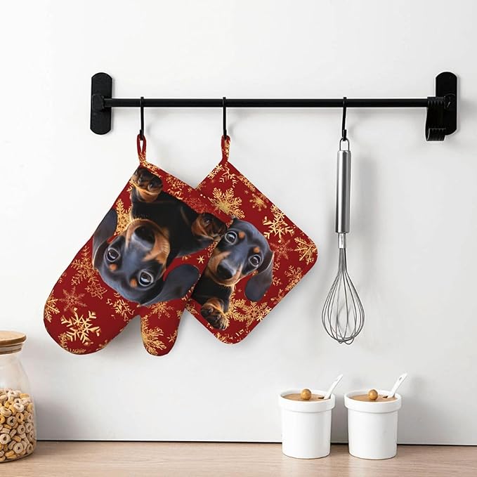 Custom Oven Mitts Pot Holders Set with Dog Cat Photo Name Personalized Silicone Cooking Glove Hot Pads Kitchen Baking Gift for Men Women