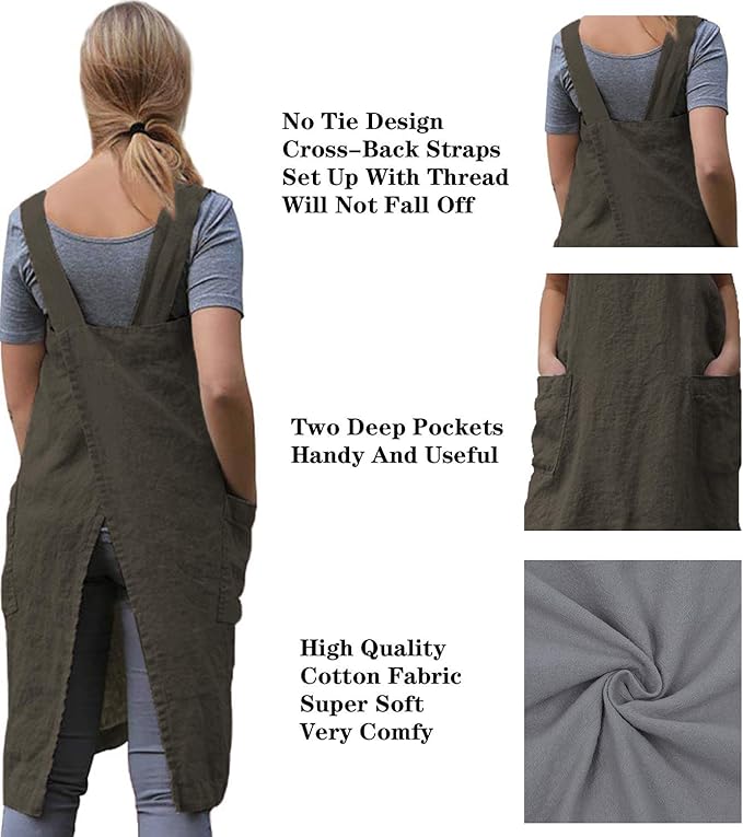 Women's Practical Cross Back Pinafore Apron with Large Pockets Home Kitchen,Restaurant,Coffee house,Cooking Gardening Works
