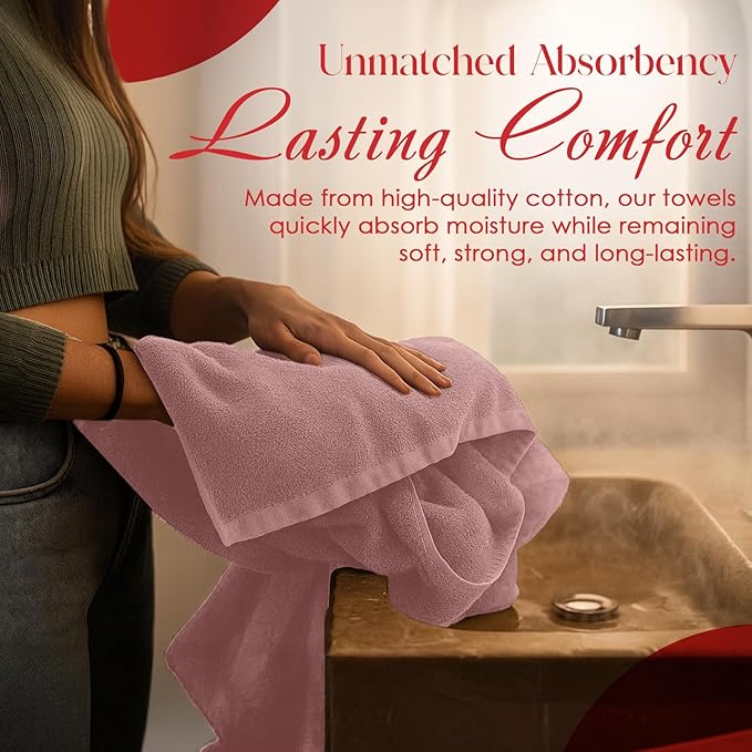 RIVERSIDE Pack of 8 Towels Set, 2 Large Bath, 2 Hand, 4 Face Washcloths, 100% Cotton Hotel Quality, Super Soft, Quick Dry, Highly Absorbent Perfect for Bathroom, Dusty Rose