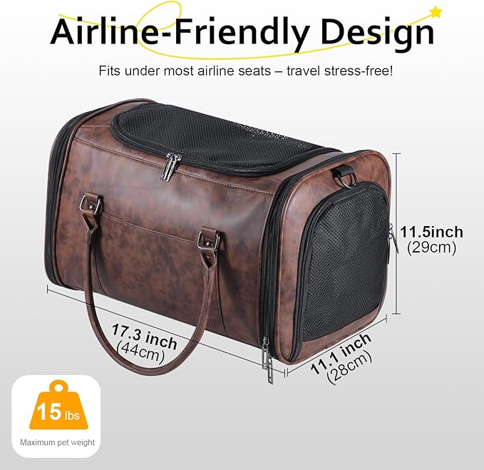 Johomviin Stylish Leather Pet Carrier for Small Dogs and Cats Up to 15 lbs, Airline Approved Lightweight Travel Tote with Breathable Mesh and Shoulder Strap Coffee