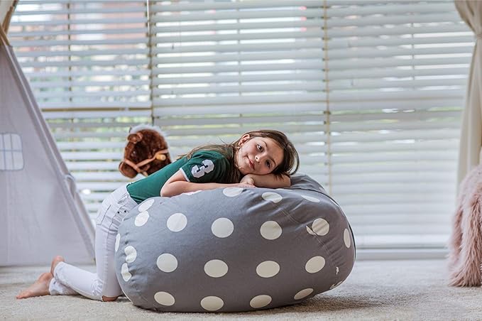 WEKAPO Stuffed Animal Storage Bean Bag Chair Cover for Kids | Stuffable Zipper Beanbag for Organizing Children Plush Toys Large Premium Cotton Canvas (Gray Dot, X-Large)