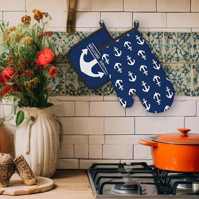 Lake House Gifts Oven Mitts and Pot Holders Sets, Lake Navy Blue Kitchen Accessories Sets, Nautical Navy Blue Anchor Welcome Aboard Heat Resistant Oven Glove Potholders for Kitchen Cooking