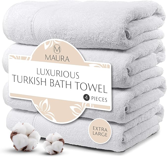 MAURA White Extra Large Turkish Cotton Luxury Bath Towels Set of 4. Ultra-Soft, Thick & Plush Towels for Bathroom - Pure White
