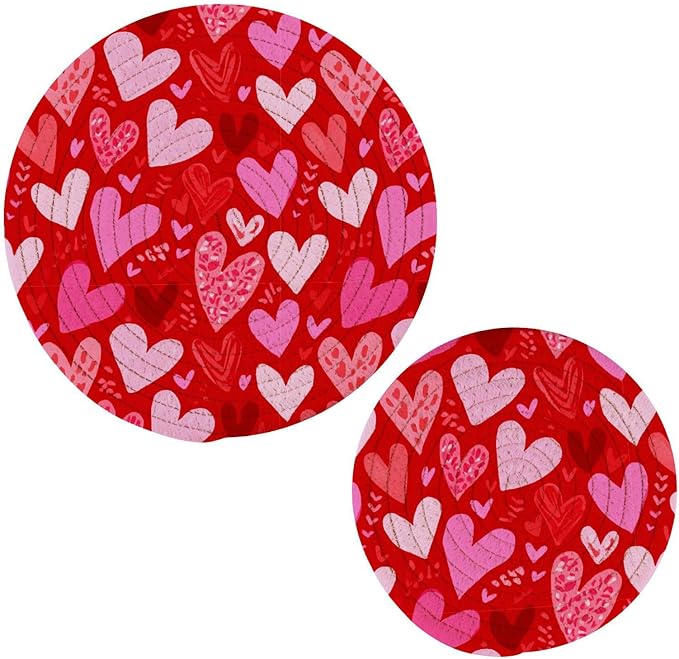 Red Pink Heart Trivet Mat 2PCS Valentine's Day Round Woven Potholders Kitchen Table Countertop Protector Hot Pads Farmhouse Coasters Counter Mats for Cooking Baking