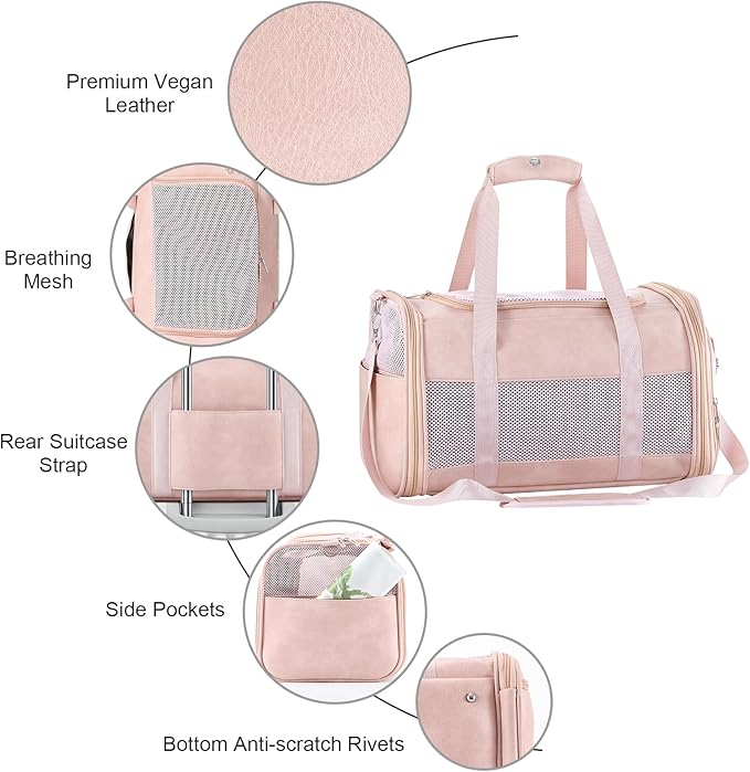 Monanller Fashion Leather Dog Carrier, Airline Approved Cat Carrier Soft Sided Pet Bag Carrier Purse for Puppy Kitten Small Animals Pink