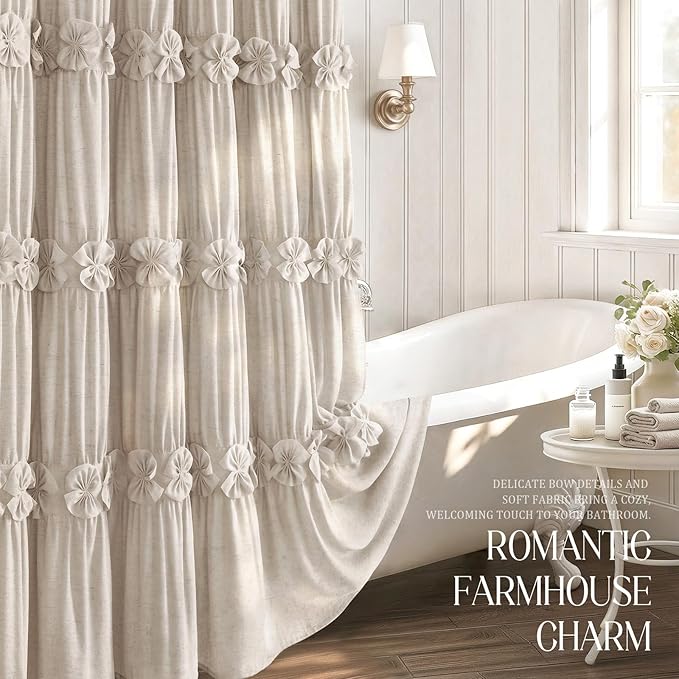 XOGUIBO Ruffle Shower Curtain with Handmade Bow Tie, Beige Linen Vintage Farmhouse Shower Curtain for Bathroom, 72" W x 72" H