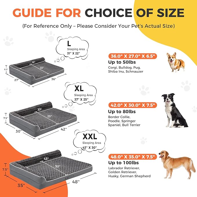 Aeroluxe Dog Bed Large Sized Dogs, Orthopedic Dog Bed for Large Dogs, Waterproof Pet Bed with Washable Removable Cover, L-Shaped Pet Couch with Portable Handle 36"x27"x6.5", Dark Grey