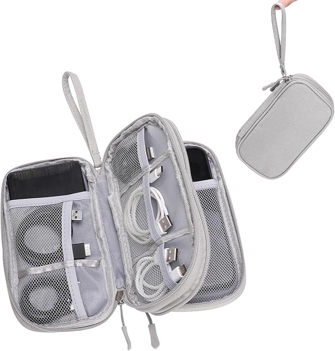 OBHEI Electronic Organizer Double Layer, Water Resistant Cable Organizer Bag for Travel Essentials, Cord, Charger, Phone, Earphone, Large Size,Accessories Travel Essentials (Grey, Double-Layer)