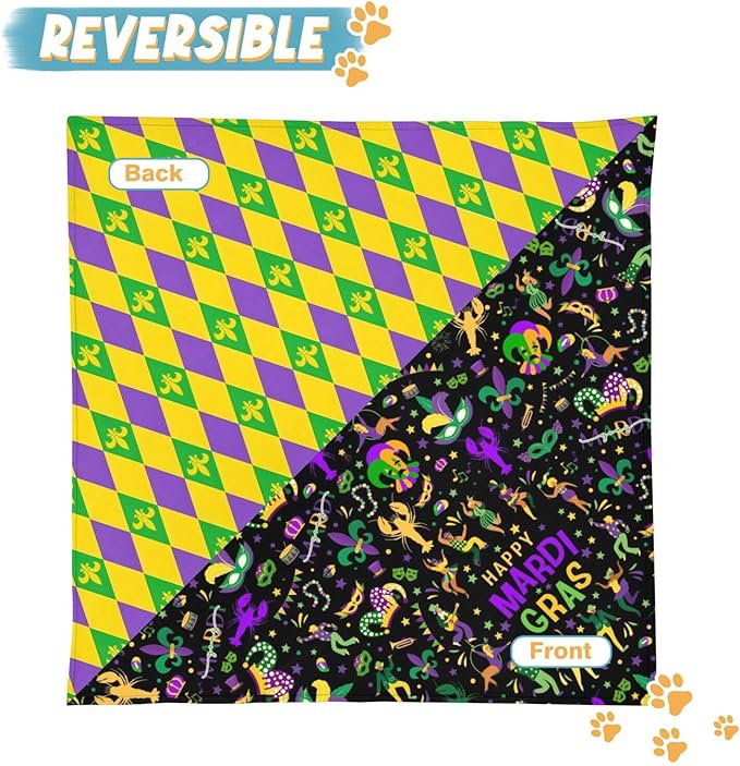 Mardi Gras Dog Bandana Reversible 2 Pack Small, Mardi Gras Pet Bandanas for Dogs Cute Purple Green Yellow Adjustable Triangle Holiday Scarves for Small Medium Boy Girl Dogs