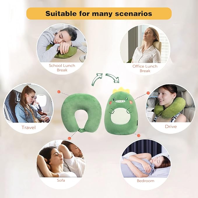 stocaggio Kids Travel Pillow - 2-in-1 Deformable Kids Neck Pillow for Traveling, Soft U-Shaped Pillow with Adorable Animal Design, Comfy Sleep and Play, Ideal for Airplanes Travel - Dinosaur