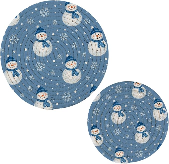 Boccsty Christmas Blue Snowman Trivet Mat 2PCS Winter Snowflakes Round Woven Potholders Kitchen Table Countertop Protector Hot Pads Farmho