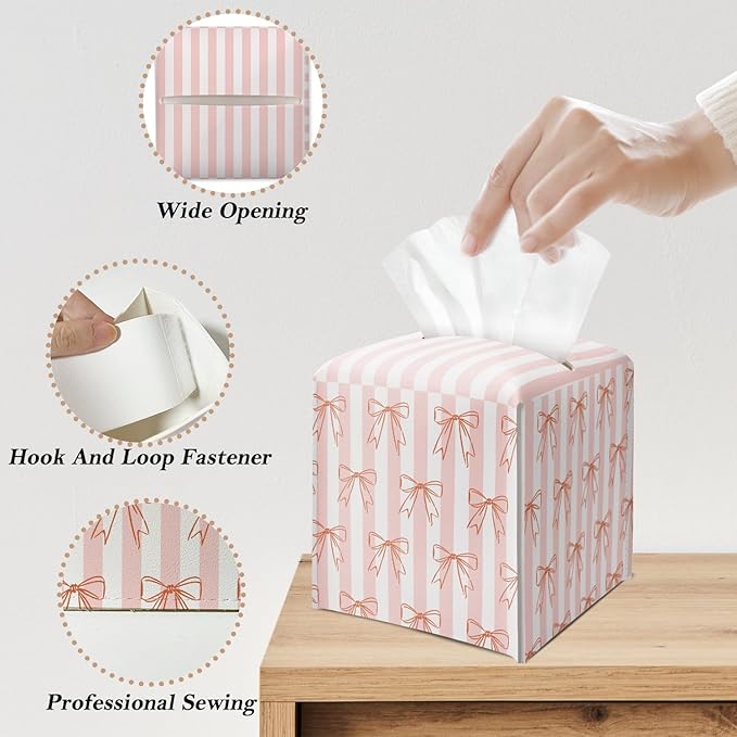 Blush Pink Bow Stripes Tissue Box Cover Square, Leather Tissue Holder with Bottom Belt, for Nightstands Desks Office Bathroom Car Vanity Home Decor Supplies -013
