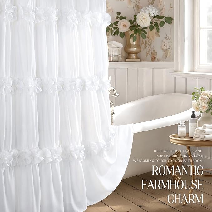 XOGUIBO Ruffle Shower Curtain with Handmade Bow Tie, White Linen Vintage Farmhouse Shower Curtain for Bathroom, 72" W x 72" H