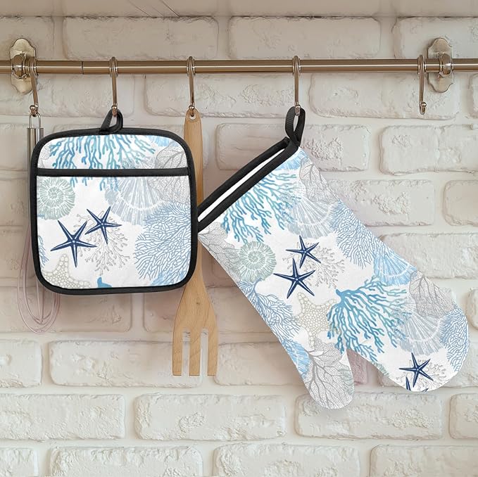 Coastal Oven Mitts and Pot Holders Sets,Starfish Seashell Coral Beach Themed Kitchen Mitts Potholders Heat Resistant Oven Gloves Hot Pads for Baking BBQ Grilling