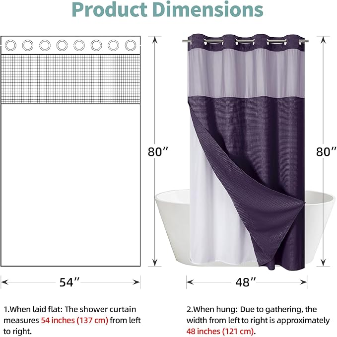 eachope Purple No Hook Waffle Weave Shower Curtain with snap-in Liner Replacement, 230GSM Waterproof Fabric Hotel Shower Curtain Set for Bathroom, Through Mesh Top Window,54Wx80H