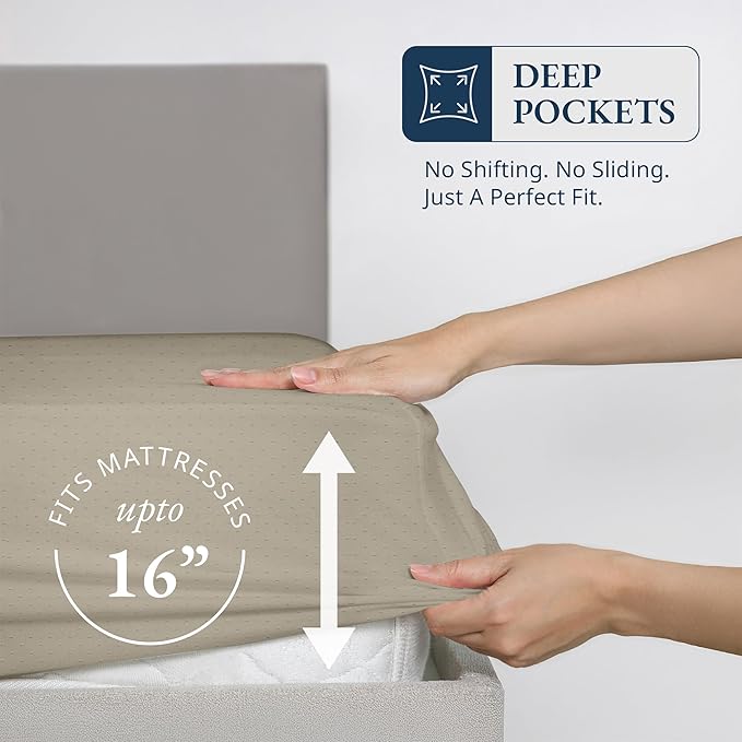 Lane Linen 100% Egyptian Cotton Twin Size Fitted Sheet Only (39"x75" + 15") - Elegant Sateen Weave, Ultra Soft, Breathable, Highly Durable, Deep Pockets Upto 17" - Swiss Dot Linen