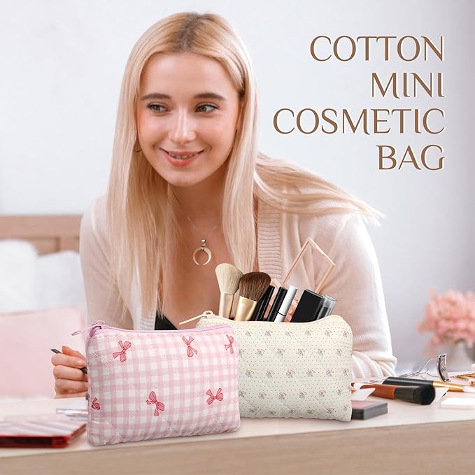 Paterr 10 Pcs Quilted Makeup Bag Bulk Cotton Floral Cosmetic Bag Women Girls Bridesmaid Gifts Cute Makeup Pouch Coquette Aesthetic Travel Toiletry Organizer(Bow Floral,6.30 x 3.94 Inches)