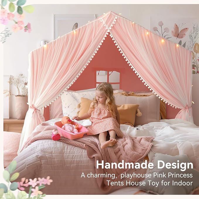Kids Tent with Mat, Kids Play Tents Indoor, Princess Tent for Girl, Toddler Tents Playhouse for Kid, Large Play Cottage Pink, Kid Toys for Girl Birthday Gift