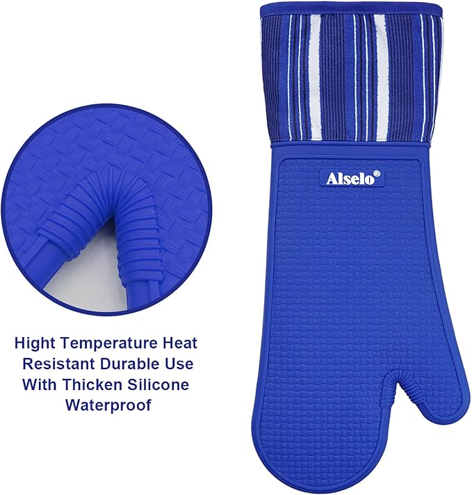 Oven Mitts Heat Resistant Silicone Kitchen Gloves for 550 Degrees with Waterproof and Non-Silp, Oven Gloves for Baking Cooking Barbecue Microwave Machine Washable (Extra Long Navy, 2)