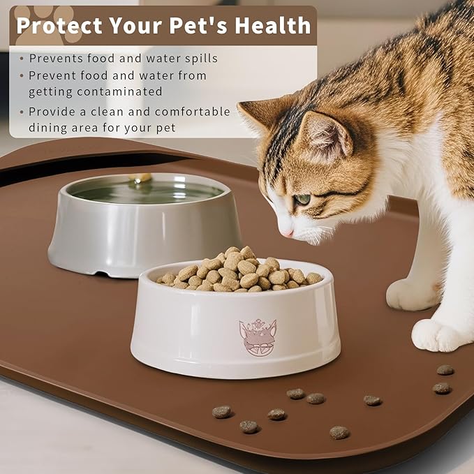 Smilool Silicone Pet Food Mat with Raised Edge for Food and Water Bowl, Dog Feeding Mats, Cat Food Trays for Floor Waterproof, Rubber Tray for Dogs and Cats, 22 x 14 x 0.8 Brown