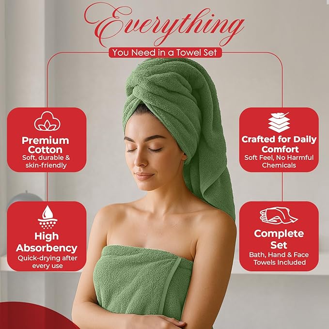 RIVERSIDE Pack of 8 Towels Set, 2 Large Bath, 2 Hand, 4 Face Washcloths, 100% Cotton Hotel Quality, Super Soft, Quick Dry, Highly Absorbent Perfect for Bathroom, Sage Green