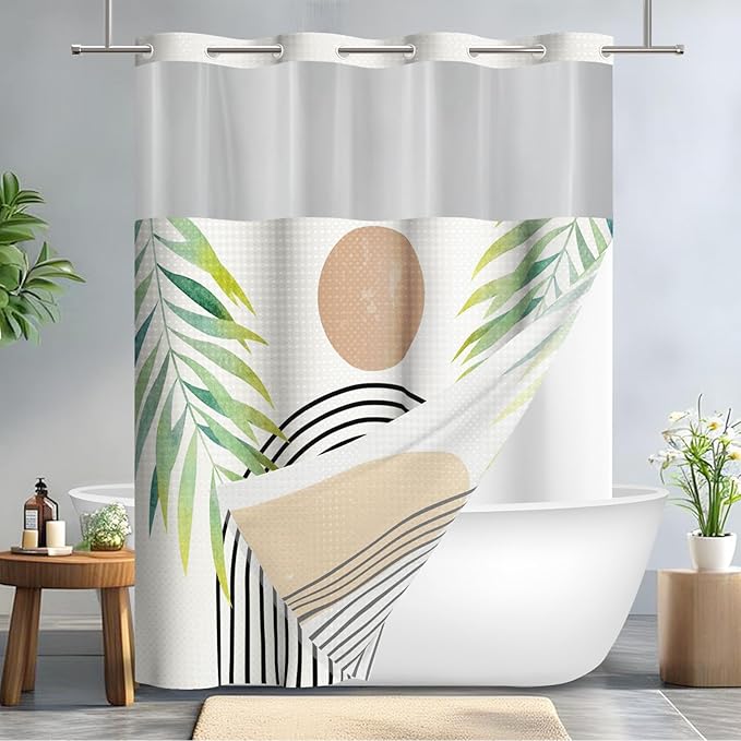 GICDSU No Hook Shower Curtain with Snap in Liner, Waffle Shower Curtain Set for Bathroom, Mid Century Style with Semi-Sheer Top Window, Waterproof & Washable, 71" W x 80" L