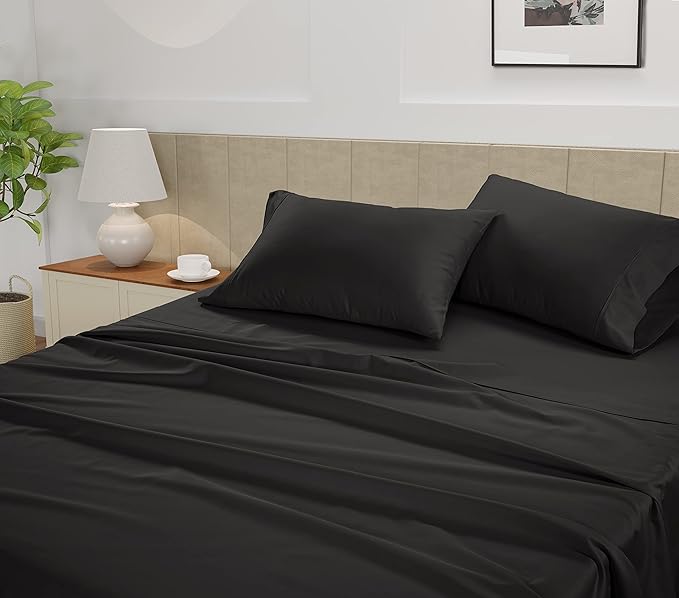 LANE LINEN Twin Size Bed Sheets – 450 Thread Count Cooling & Soft Sateen Weave, 100% Cotton Sheets with 15” Deep Pocket Fully Elasticized Fitted Sheet, Hotel Bedding, Black