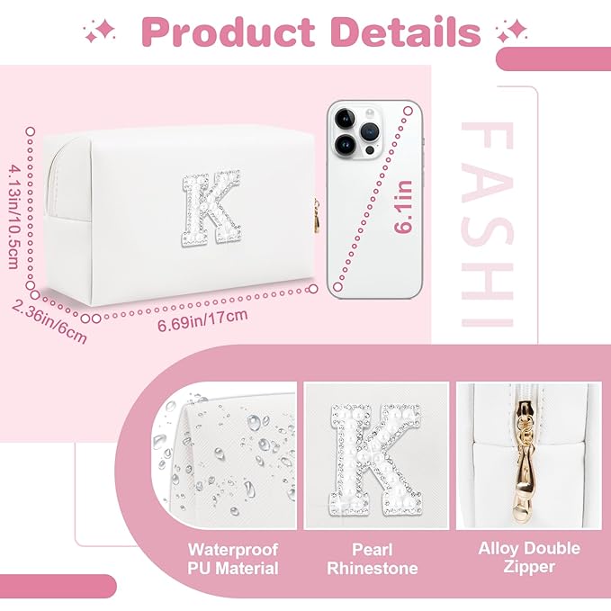 Bride Gifts – Personalized Initial Makeup Bag with Pearl Rhinestone Patch, Preppy White Monogram Cosmetic/Toiletry Pouch, bridesmaid Gifts, Bridal Shower Gifts, Wedding Gifts, Bridal Gifts,K