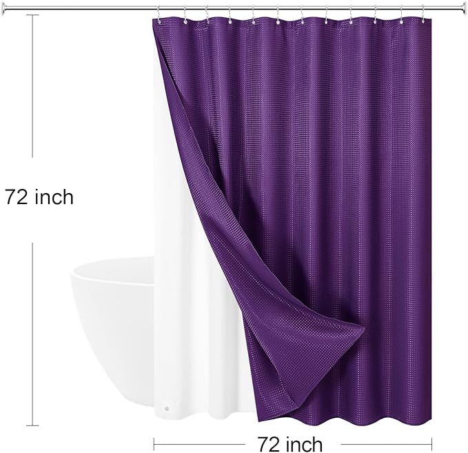 Craidlela 3 in 1 Shower Curtain Set, Purple Waffle Shower Curtain and PEVA Liner Set with 12 Stainless Steel Shower Curtain Hooks, Waterproof Fabric Shower Curtains for Bathroom, 72 W x 72 H