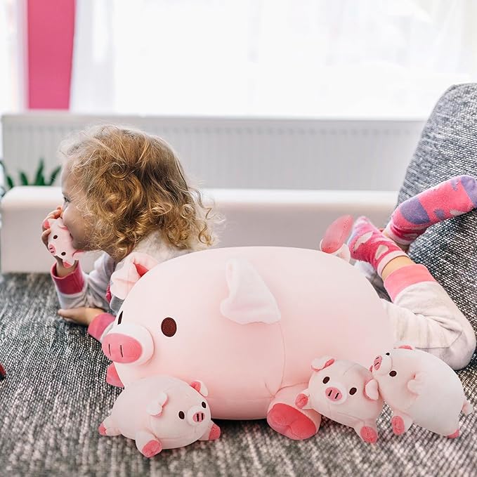 Achwishap 5PCS Pig Family,Pig Stuffed Animal Mommy with 4 Pig Babies Plush,Cute Pig Plush Pillow Cushion Doll,Kawaii Pig Plush Toy Hugging Pillow for Kid Birthday Gift Adult Valentines(16” Pig Family)