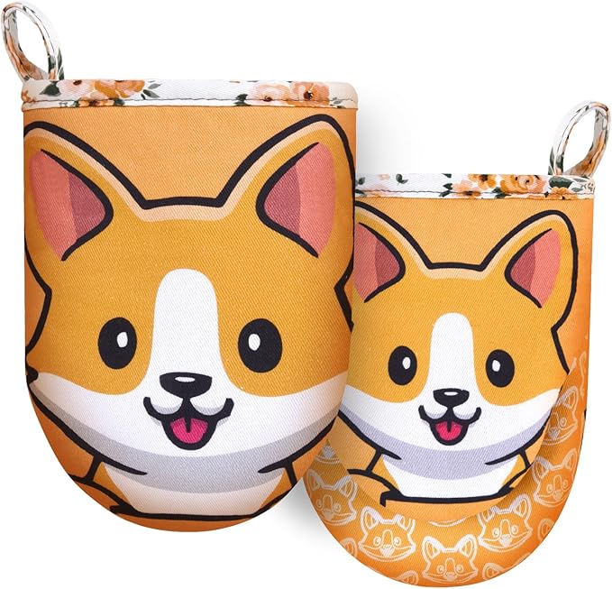 Mini Oven Mitts Cute,Silicone Oven Mitts Heat Resistant 500℉ with Non-Slip Grip and Soft Quilted Cotton Lining for Kitchen Cooking and Baking. Machine Washable-Dog