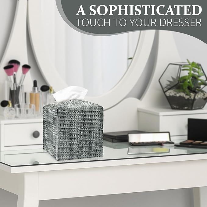Tissue Box Cover, PU Leather Tissue Box Holder with Bottom Belt, Modern Square Tissue Box Covers with Wide Opening (Black Gray, Woven Patterns)