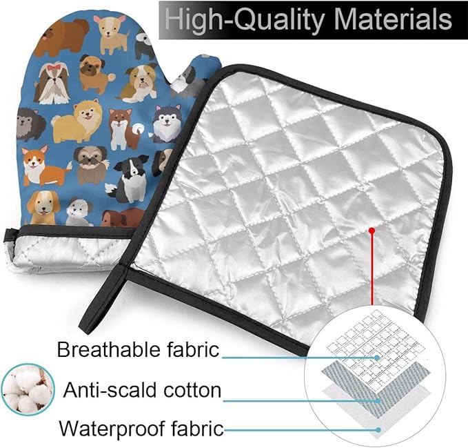 Cute Dogs Blue Oven Mitts and Pot Holders Insulated Gloves & Kitchen Counter Safe Mats for Cooking BBQ Baking Grilling (2-Piece Set)