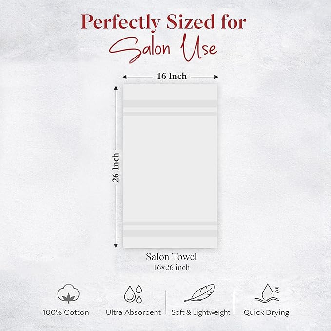 RIVERSIDE Pack of 24 Salon Towels Set (Not Bleach Proof), 16 x 26 Inches, 100% Ring Spun Cotton, Highly Absorbent & Quick Dry Hand Towels for Salon, Barber, Gym, Spa, Bathroom & Home, White