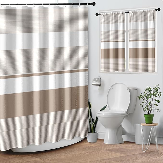 Culudea Striped Modern Boho Waffle Textured Cloth Shower Curtain Set, Taupe White Beige Horizontal Stripe Bathroom Window Waterproof Shower Curtains for Bathroom Decor