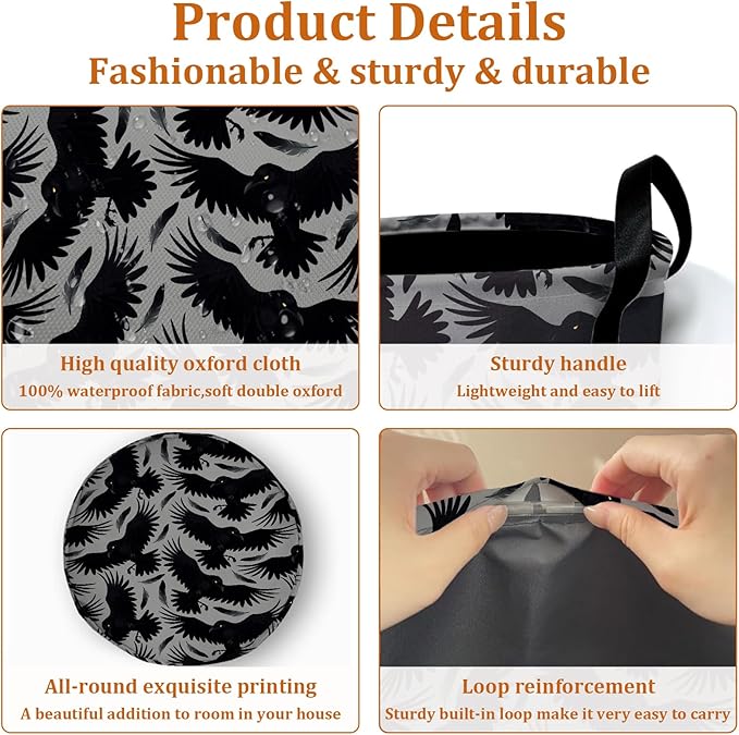 Crow Feather Laundry Basket with Sturdy Handles, Black Bird Collapsible Oxford Cloth Laundry Hamper Organizer Basket for Bathroom Bedroom 15.7x20 Inch