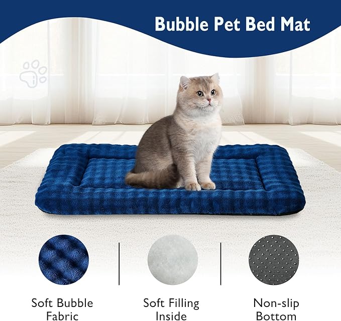 Yaning Pet Bed Mat Crate Pad for Cats Small Dogs, Washable Soft Pet Sleeping Mat Kennel Pad with 3D Bubble Pattern, Navy Blue, 24"x 18"