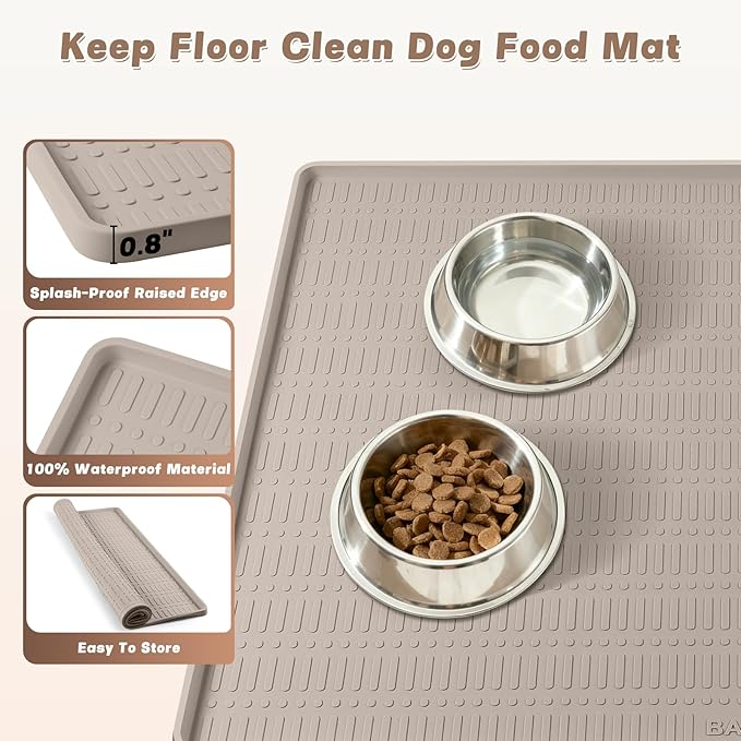 47" x 35" Silicone Dog Food Mat, Waterproof Pet Feeding Mat with Raised Edge, Extra Large Dog Bowl Mat Non-Slip Water Bowl Placemats for Dogs, Protects Floors, Easy to Clean (Beige)