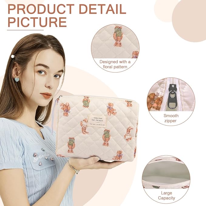 Gosect Floral Makeup Bag, Small Cosmetic Bag for Women Girls, Cute Cotton Makeup Bag, Quilted Makeup Bags, Flower Travel Toiletry Organizer Bag (White Bear)