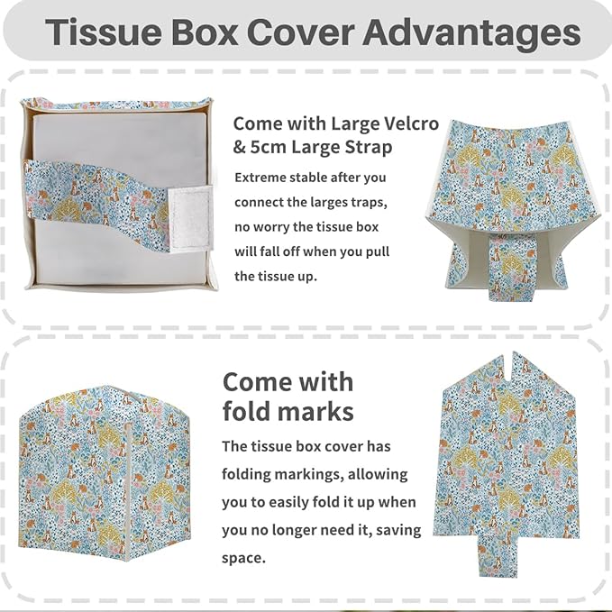 Tissue Box Cover, Tissue Box Holder, Square with Belt Bottom, PU Leather Decorative Organizer for Desk, Tabletop, Countertop Bathroom, Toilet Car, Bedside, Dresser Kitchen, Squirrel Flower Tree Decor