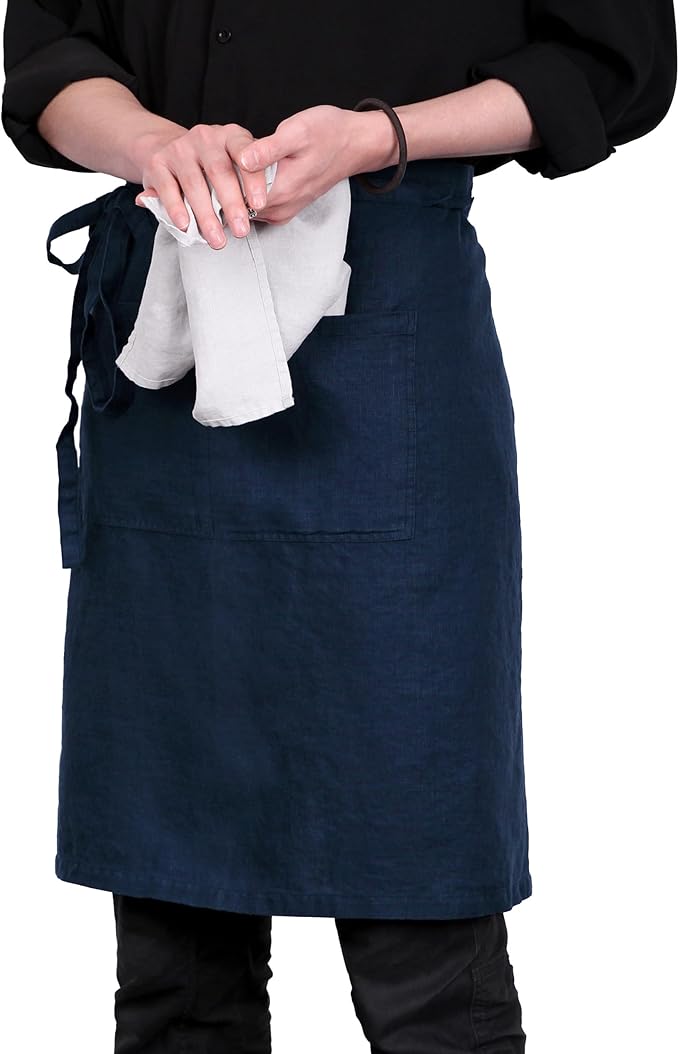 Pure Linen Bistro Half Apron - 25 x 35 Inch Unisex Waist Aprons with Large Pocket Ideal for Kitchen Crafts and More