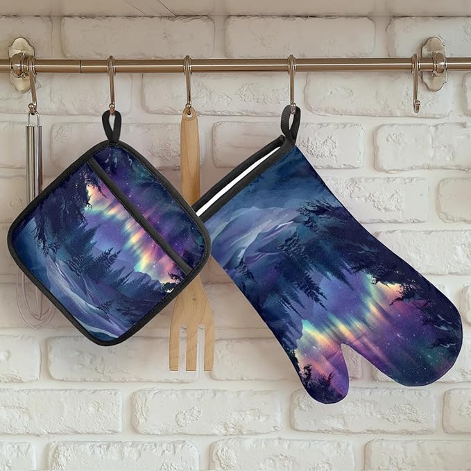 Northern Lights Oven Mitts and Pot Holder Set of 2, Kitchen Heat Insulation Pads Non-Slip Potholders Baking Gloves for BBQ Cooking Baking