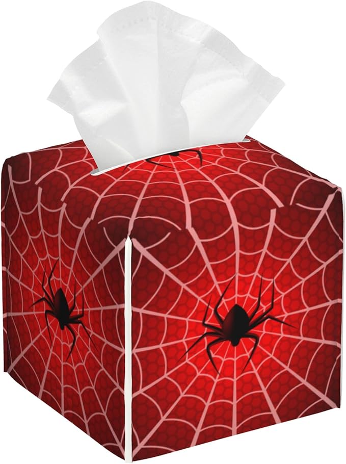 BLYKVGHQ Spider Web Tissue Box Cover Square, Tissue Box Holder with Bottom Belt Leather Facial Paper Organizer Dispenser for Bathroom Bedroom Dresser Night Stand Tabletop