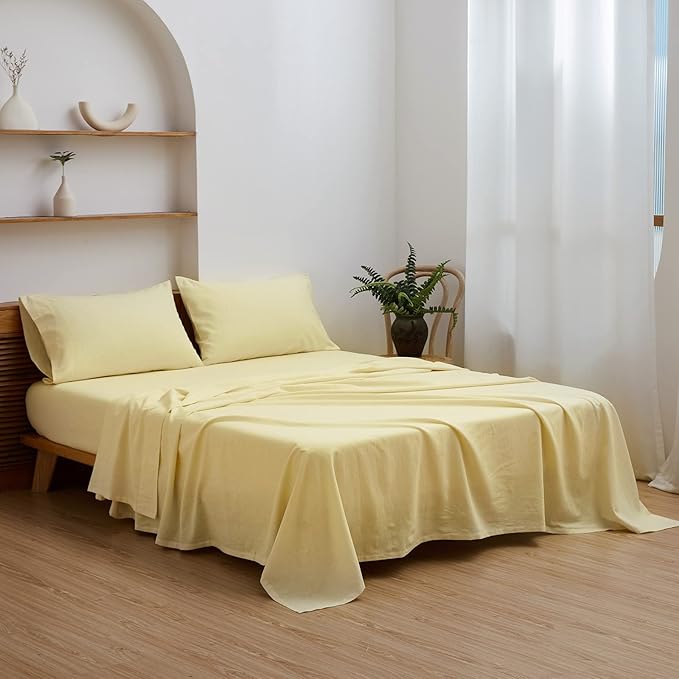 Simple&Opulence Belgian Linen Sheet Set Solid Color - 4 Pieces (1 Flat Sheet, 1 Fitted Sheet & 2 Pillowcases) Natural Flax Cotton Blend Soft Breathable Farmhouse Bedding - Queen Size, Pale Yellow