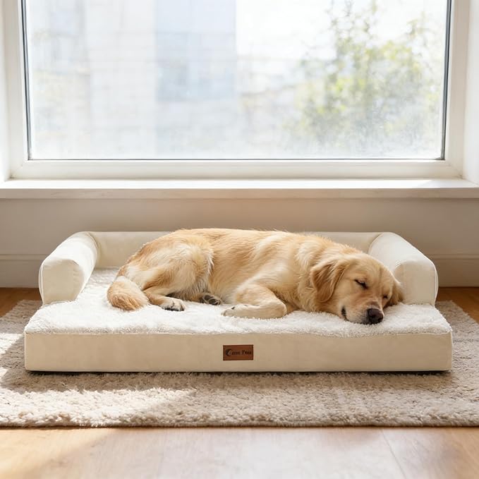 Casa Paw Orthopedic Dog Beds for Extra Large Dogs, Waterproof Egg Crate Foam XL Dog Bed with Sides 41x27Inch, Washable Big Dogs Couch Beds with Removable Cover and Nonskid Bottom, Beige