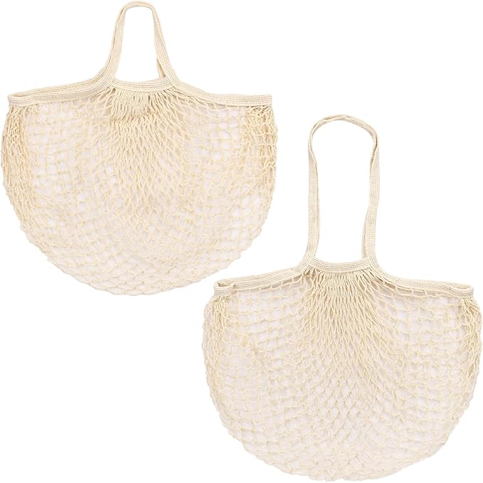 M METERXITY 2-Pack Cotton Mesh Bag, Reusable Washable Mesh Net String Grocery Bags, Reusable Produce Bags with Handle, Net Tote Bag for Fruits/Vegetables Shopping [Cream, Long&Short Handle]