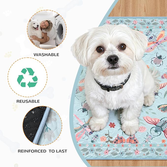Lahome Washable Reusable Pee Pads for Dogs - Blue Butterfly & Insect Print 2 Pack Puppy Pads, Super Absorbent & Waterproof Training Mats for Crate & Floor - Leakproof with Non-Slip Backing (36"x36")