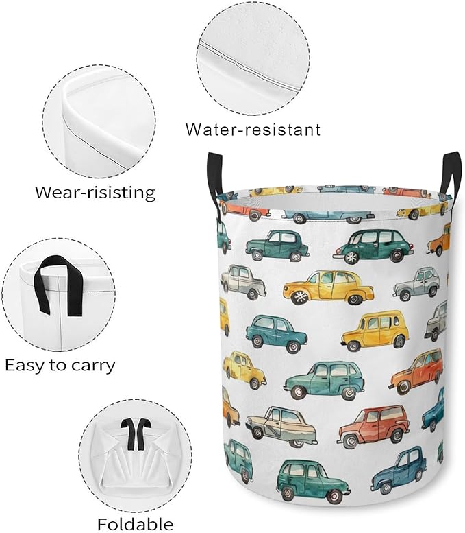 Laundry Basket Watercolor Cars Collapsible Laundry Hamper with Handles Clothes Storage Bin for Household Bedroom Bathroom College Dorms