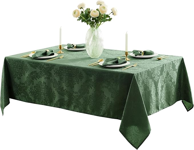 Newbridge Barcelona Damask Fabric Tablecloth, 52 x 52 Inch Square, Hunter Green – No Iron, Soil Resistant Table Cover for Dining, Parties and Holidays